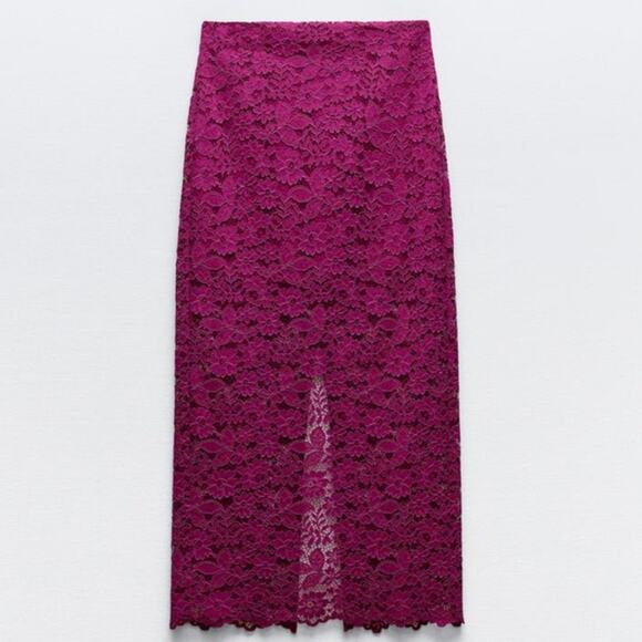 ZARA High-Waisted Floral Lace Rear Slit Midi Skirt Size XS Fuchsia - Picture 3 of 9